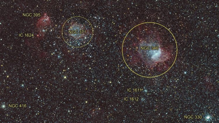 Созвездие тукан. NGC 1624. Рассеянное скопление NGC 1624. NGC 346. Туманность NGC 346 В созвездии Тукан.